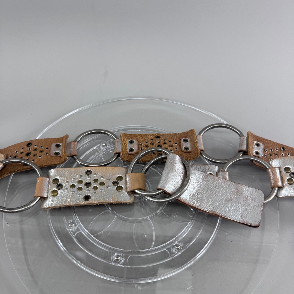 Leather O-Ring Link Belt Metallic Silver Studded Perforated Womens XL Y2K